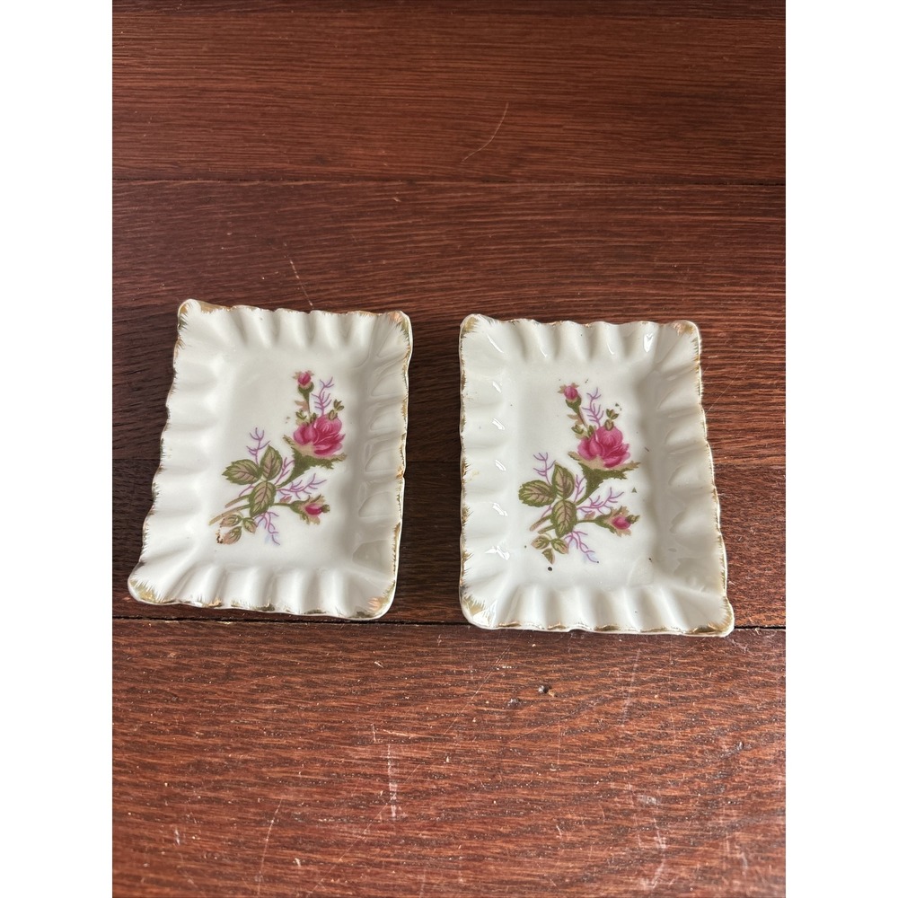 Set Of 2 VINTAGE 3.5" X 2.5" Rectangle Trinket Jewelry Dish ROSE Flower  Japan